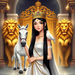 A full-body illustration of an 11-year-old white Brazilian princess, featuring long, straight black hair, dark eyes, and fair skin, adorned with a regal crown