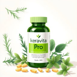 A detailed illustration of the Keravita Pro product, showcasing its natural ingredients like herbal extracts and vitamins