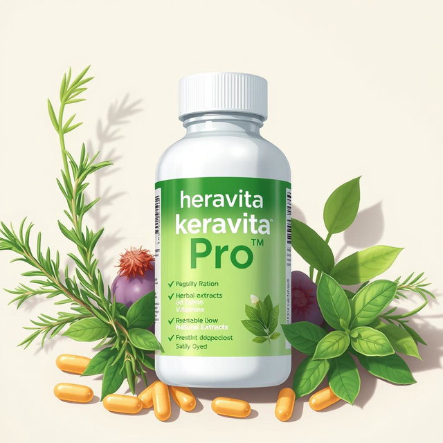 A detailed illustration of the Keravita Pro product, showcasing its natural ingredients like herbal extracts and vitamins