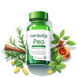 A detailed illustration of the Keravita Pro product, showcasing its natural ingredients like herbal extracts and vitamins