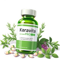 A detailed illustration of the Keravita Pro product, showcasing its natural ingredients like herbal extracts and vitamins