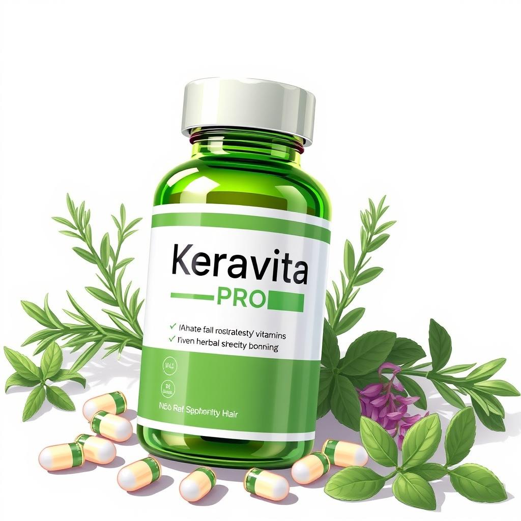 A detailed illustration of the Keravita Pro product, showcasing its natural ingredients like herbal extracts and vitamins