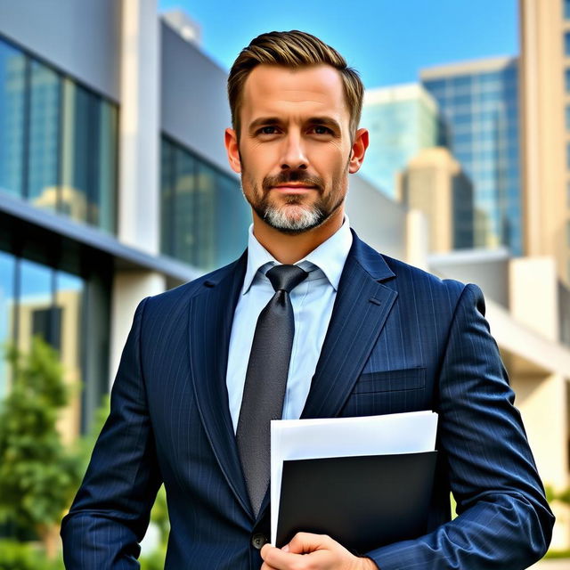 A confident man in a tailored suit, standing in front of an impressive modern office building, with a determined expression on his face