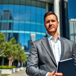 A confident man in a tailored suit, standing in front of an impressive modern office building, with a determined expression on his face