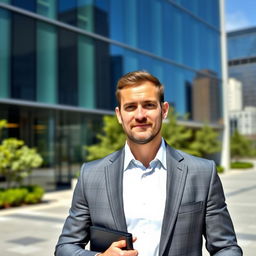 A confident man in a tailored suit, standing in front of an impressive modern office building, with a determined expression on his face