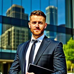 A confident man in a tailored suit, standing in front of an impressive modern office building, with a determined expression on his face