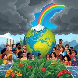 A visually striking illustration representing climate change awareness, featuring a diverse group of people from different backgrounds and ages gathered around a large globe