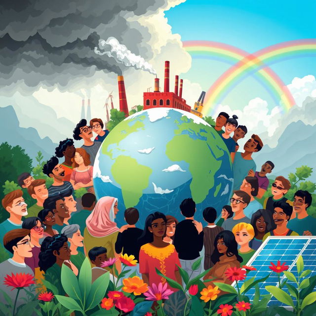 A visually striking illustration representing climate change awareness, featuring a diverse group of people from different backgrounds and ages gathered around a large globe