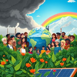 A visually striking illustration representing climate change awareness, featuring a diverse group of people from different backgrounds and ages gathered around a large globe
