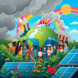 A visually striking illustration representing climate change awareness, featuring a diverse group of people from different backgrounds and ages gathered around a large globe