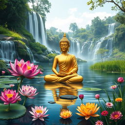 A serene scene featuring a golden Buddha meditating while sitting peacefully in a river