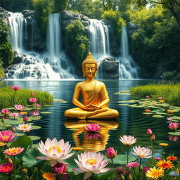 A serene scene featuring a golden Buddha meditating while sitting peacefully in a river