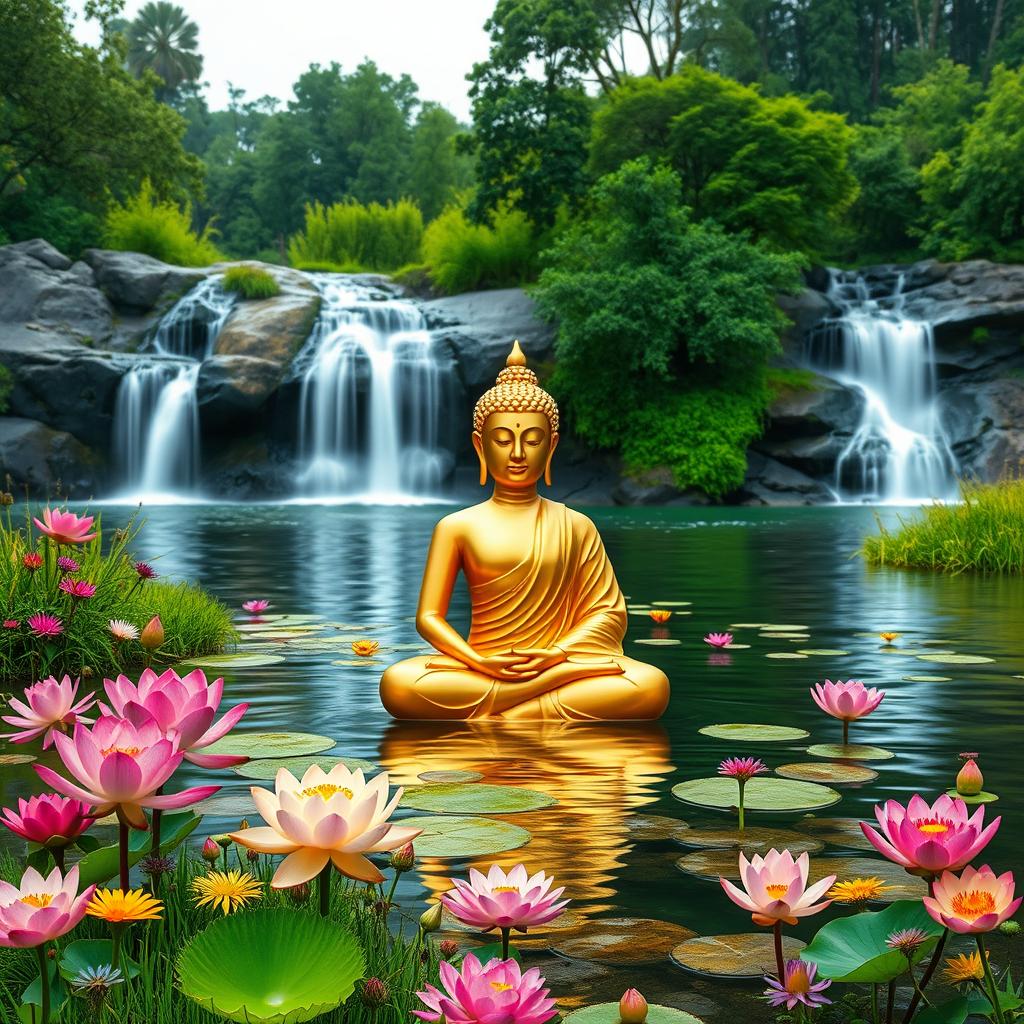 A serene scene featuring a golden Buddha meditating while sitting peacefully in a river