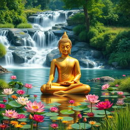 A serene scene featuring a golden Buddha meditating while sitting peacefully in a river