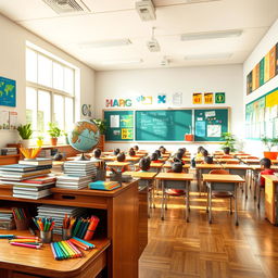 A well-organized classroom filled with colorful stationery items