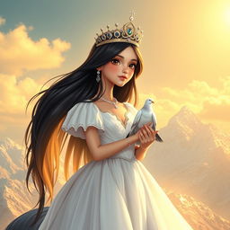A full-body illustration of an 11-year-old white Brazilian princess, featuring long, straight black hair, dark eyes, and fair skin, adorned with an exquisite crown