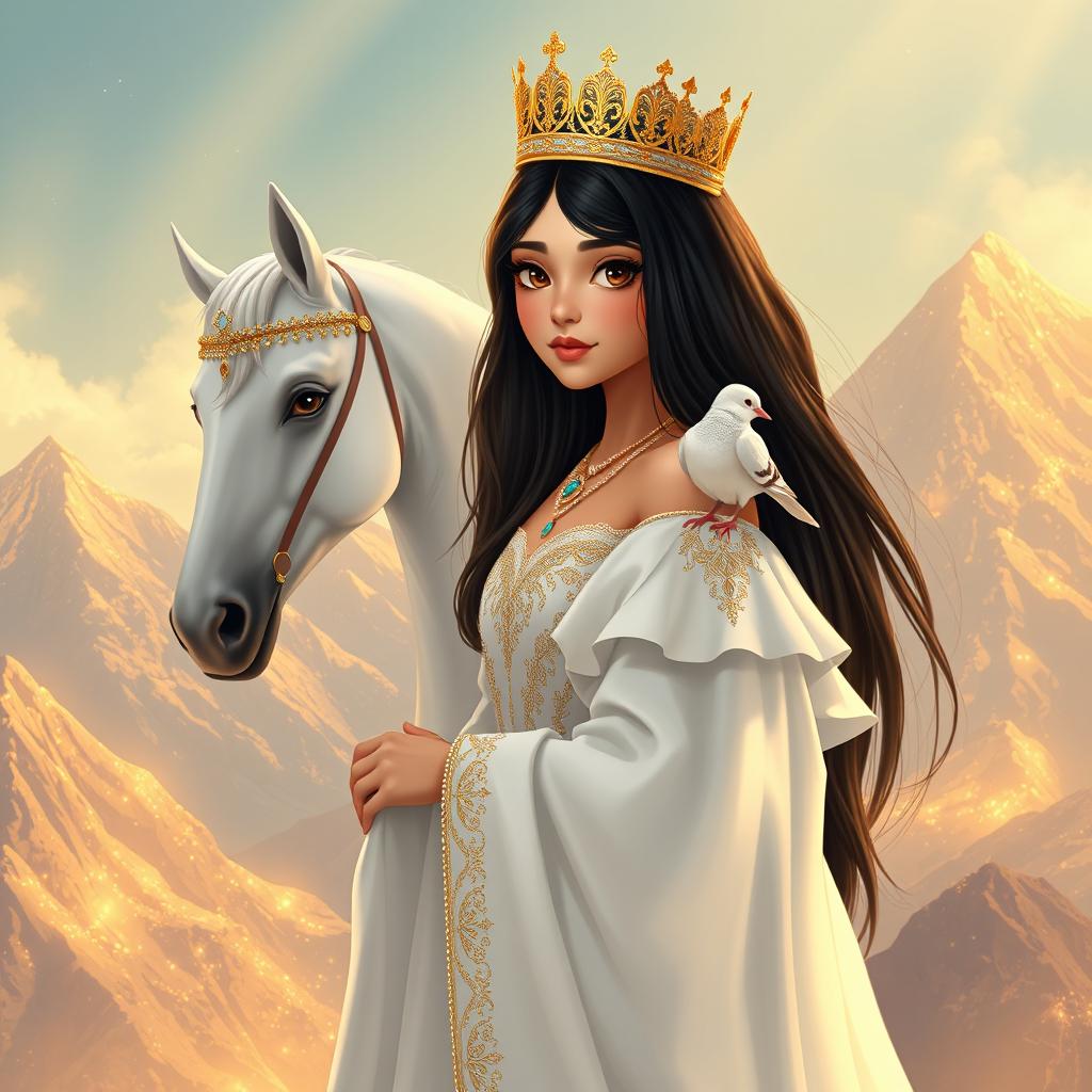 A full-body illustration of an 11-year-old white Brazilian princess, featuring long, straight black hair, dark eyes, and fair skin, adorned with an exquisite crown