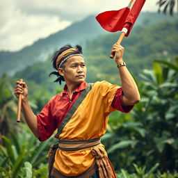 A dynamic scene featuring a Katipunero, a Filipino revolutionary figure in traditional attire from the late 19th century, holding a flag in a lush, historical landscape