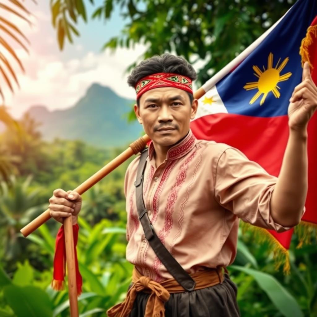 A dynamic scene featuring a Katipunero, a Filipino revolutionary figure in traditional attire from the late 19th century, holding a flag in a lush, historical landscape