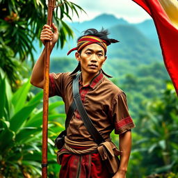 A dynamic scene featuring a Katipunero, a Filipino revolutionary figure in traditional attire from the late 19th century, holding a flag in a lush, historical landscape