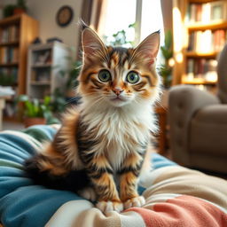 A cute and fluffy domestic cat, sitting comfortably on a soft, colorful cushion