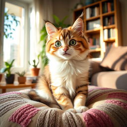 A cute and fluffy domestic cat, sitting comfortably on a soft, colorful cushion