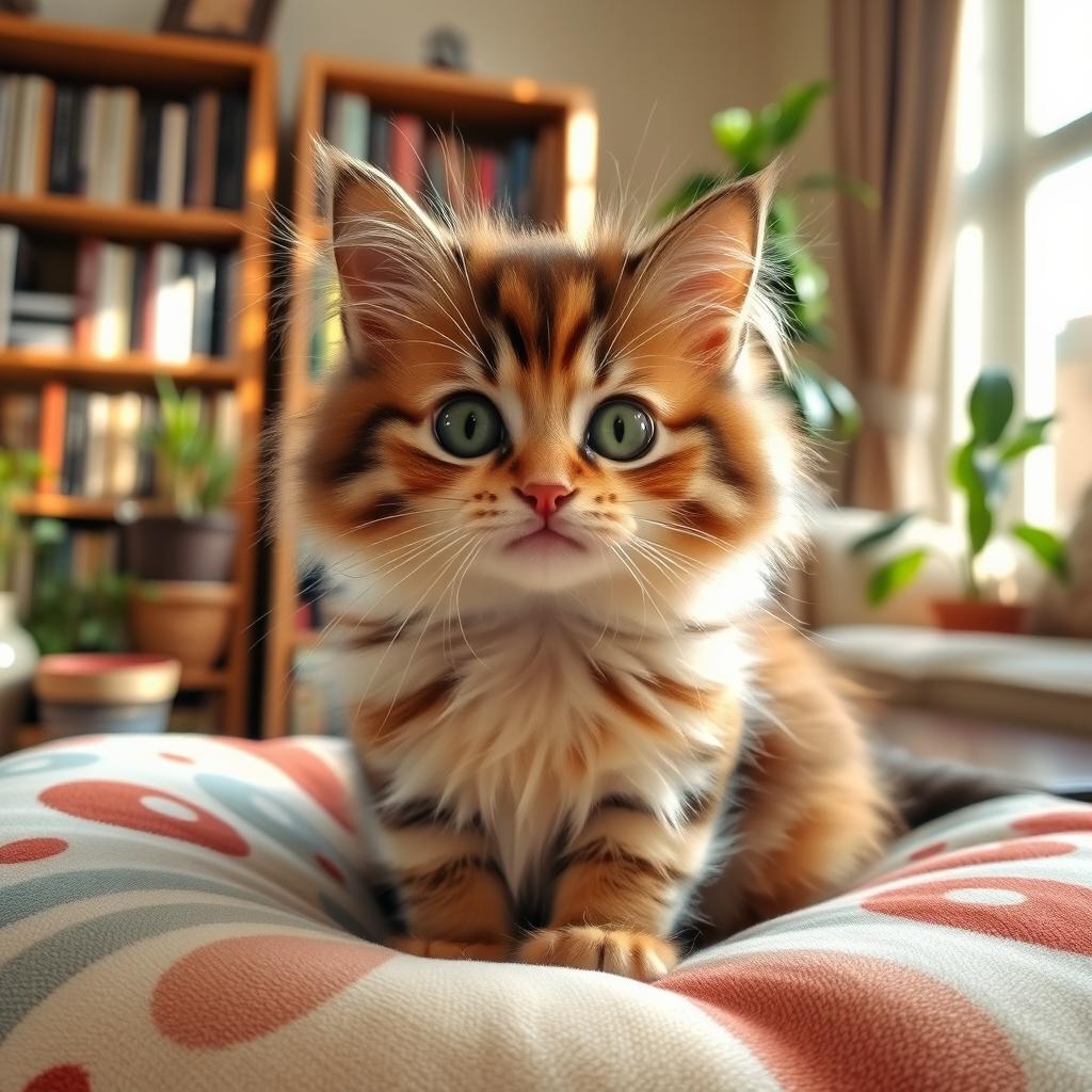 A cute and fluffy domestic cat, sitting comfortably on a soft, colorful cushion