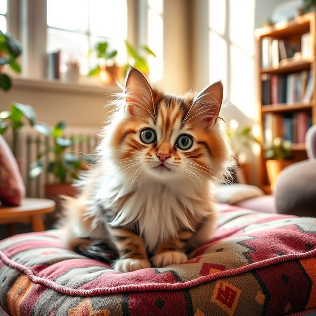 A cute and fluffy domestic cat, sitting comfortably on a soft, colorful cushion