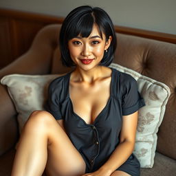 A beautiful 32-year-old woman with short black hair and bangs, sitting comfortably on a plush couch with her legs crossed