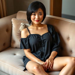 A beautiful 32-year-old woman with short black hair and bangs, sitting comfortably on a plush couch with her legs crossed