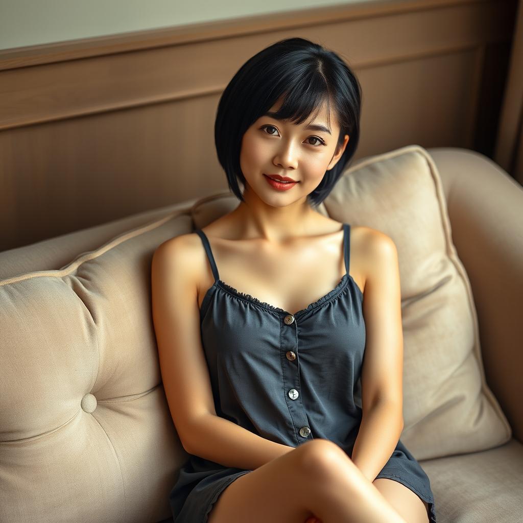 A beautiful 32-year-old woman with short black hair and bangs, sitting comfortably on a plush couch with her legs crossed