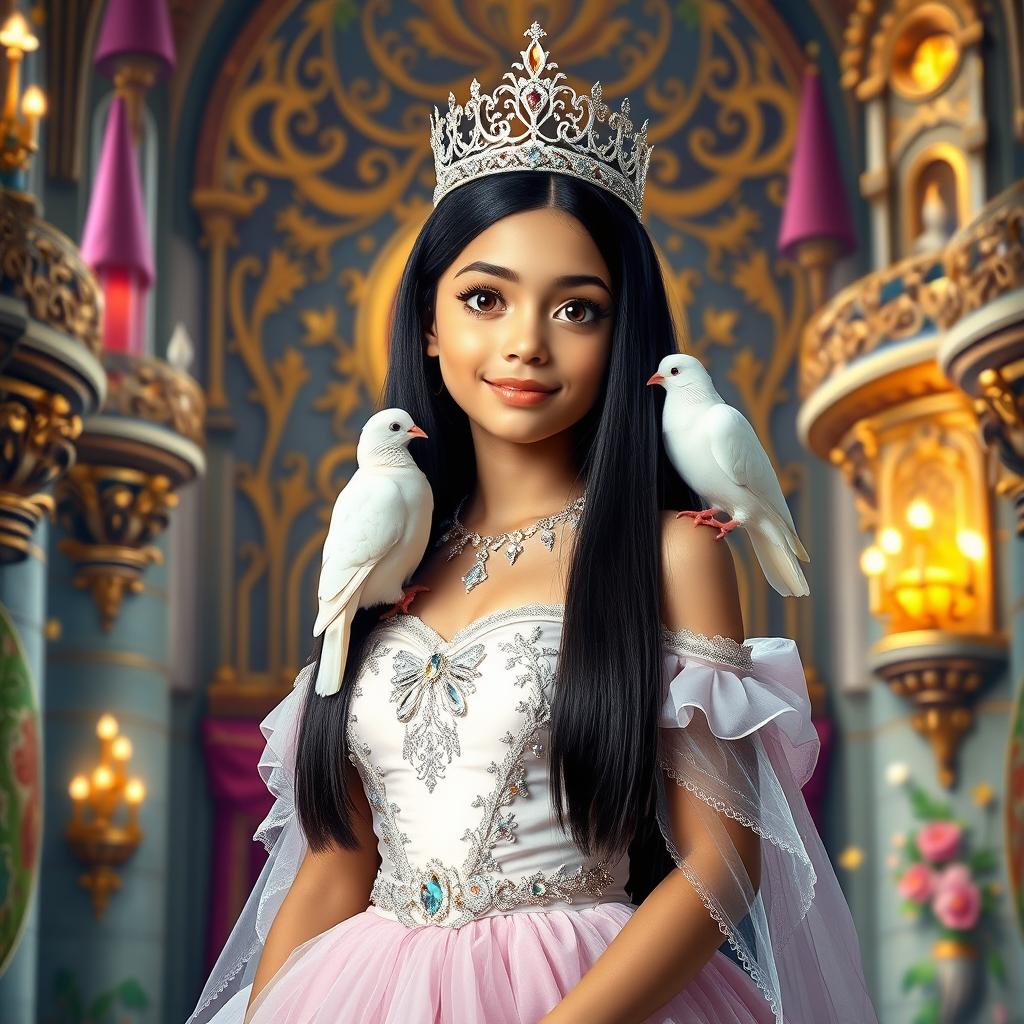A full-body portrait of an 11-year-old Brazilian princess, featuring long straight black hair, dark eyes, and fair white skin