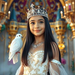 A full-body portrait of an 11-year-old Brazilian princess, featuring long straight black hair, dark eyes, and fair white skin