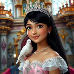 A full-body portrait of an 11-year-old Brazilian princess, featuring long straight black hair, dark eyes, and fair white skin