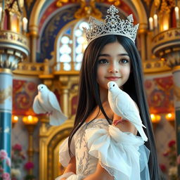 A full-body portrait of an 11-year-old Brazilian princess, featuring long straight black hair, dark eyes, and fair white skin