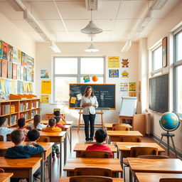 A bright and spacious classroom filled with colorful educational posters on the walls, wooden desks arranged neatly, large windows letting in plenty of natural light, and a chalkboard at the front