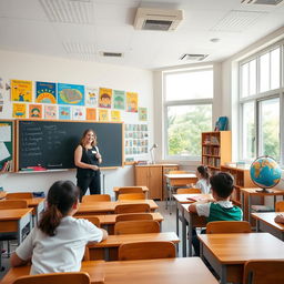 A bright and spacious classroom filled with colorful educational posters on the walls, wooden desks arranged neatly, large windows letting in plenty of natural light, and a chalkboard at the front