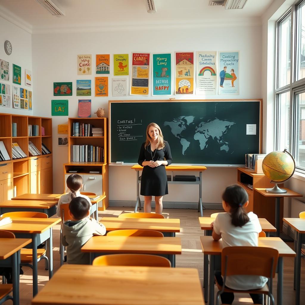 A bright and spacious classroom filled with colorful educational posters on the walls, wooden desks arranged neatly, large windows letting in plenty of natural light, and a chalkboard at the front
