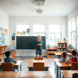 A bright and spacious classroom filled with colorful educational posters on the walls, wooden desks arranged neatly, large windows letting in plenty of natural light, and a chalkboard at the front