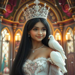 A full-body portrait of an 11-year-old Brazilian princess, featuring long straight black hair, dark eyes, and fair white skin