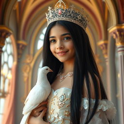 A full-body portrait of an 11-year-old Brazilian princess, featuring long straight black hair, dark eyes, and fair white skin