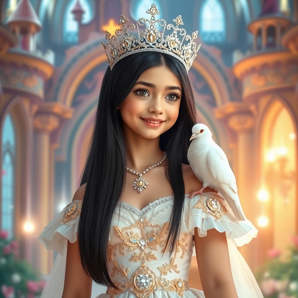A full-body portrait of an 11-year-old Brazilian princess, featuring long straight black hair, dark eyes, and fair white skin