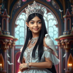 A full-body portrait of an 11-year-old Brazilian princess, featuring long straight black hair, dark eyes, and fair white skin
