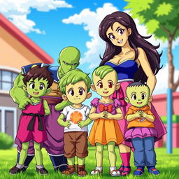 A vibrant family portrait featuring Piccolo, the iconic Namekian character from Dragon Ball, standing proudly with his Latina-built Namekian girlfriend by his side