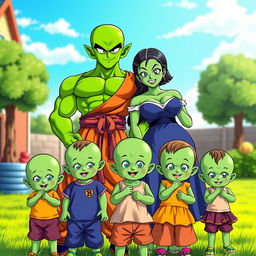 A vibrant family portrait featuring Piccolo, the iconic Namekian character from Dragon Ball, standing proudly with his Latina-built Namekian girlfriend by his side