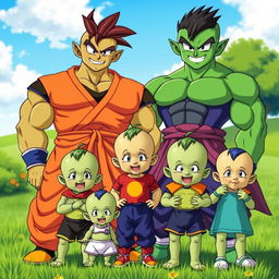 A vibrant family portrait featuring Piccolo, the iconic Namekian character from Dragon Ball, standing proudly with his Latina-built Namekian girlfriend by his side