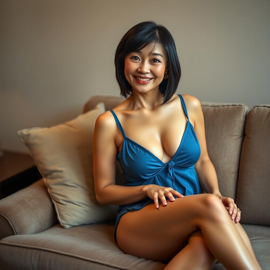 A beautiful 55-year-old woman sitting on a plush couch with her legs crossed