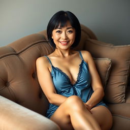 A beautiful 55-year-old woman sitting on a plush couch with her legs crossed