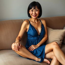 A beautiful 55-year-old woman sitting on a plush couch with her legs crossed