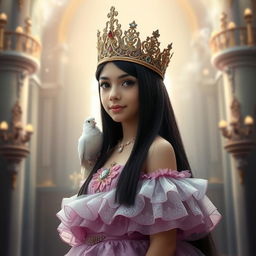 A full-body portrait of an 11-year-old Brazilian princess, characterized by her long straight black hair, dark sparkling eyes, and fair white skin